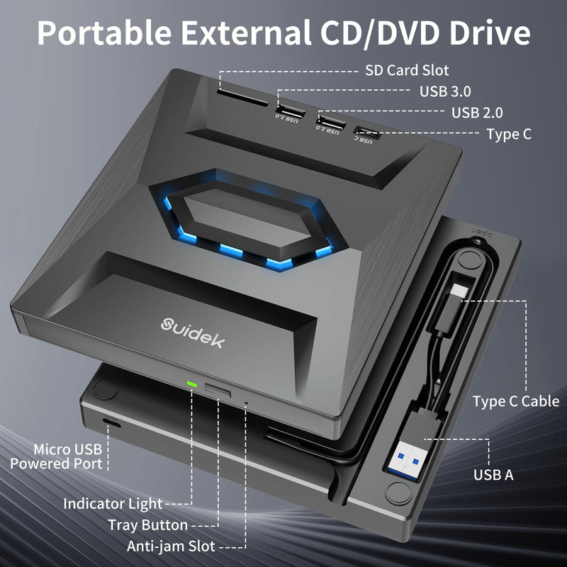 [AUSTRALIA] - SUIDEK External CD DVD Drive for Laptop, USB C Portable CD/DVD +/-RW Burner DVD Player with SD Card Reader USB 3.0 Type C Hub Compatible with Laptop PC Windows Linux Space Black 