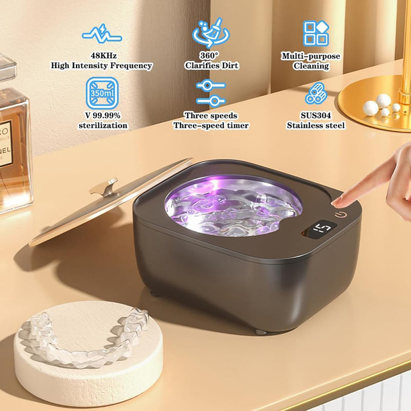 Ultrasonic Cleaning Device for Dentures, 48 kHz 250 ml, Portable Ultrasonic Device with 3 Modes, Ultrasonic Cleaner for Jewellery, Dental Splint, Retainer, Antibacterial Scaler
