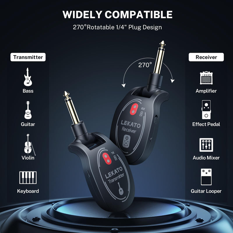 LEKATO UHF Wireless Guitar System Rechargeable, Wireless Transmitter Receiver 4 Channels 165ft tansmisiion Low Latency Guitar Wireless System,Black