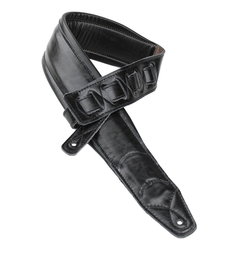Walker & Williams C-22-BB Black on Black Premium Top Grain Leather Double Padded Guitar Strap Extra Wide For Acoustic, Electric, And Bass Guitars