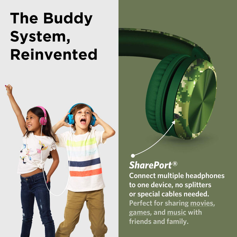 LilGadgets Connect+ Pro Wired Kids Headphones for School with Microphone, Volume Limiting Over-Ear Headset with Cord, SharePort Technology & SoftTouch Padding, Green Digital Camo Printed