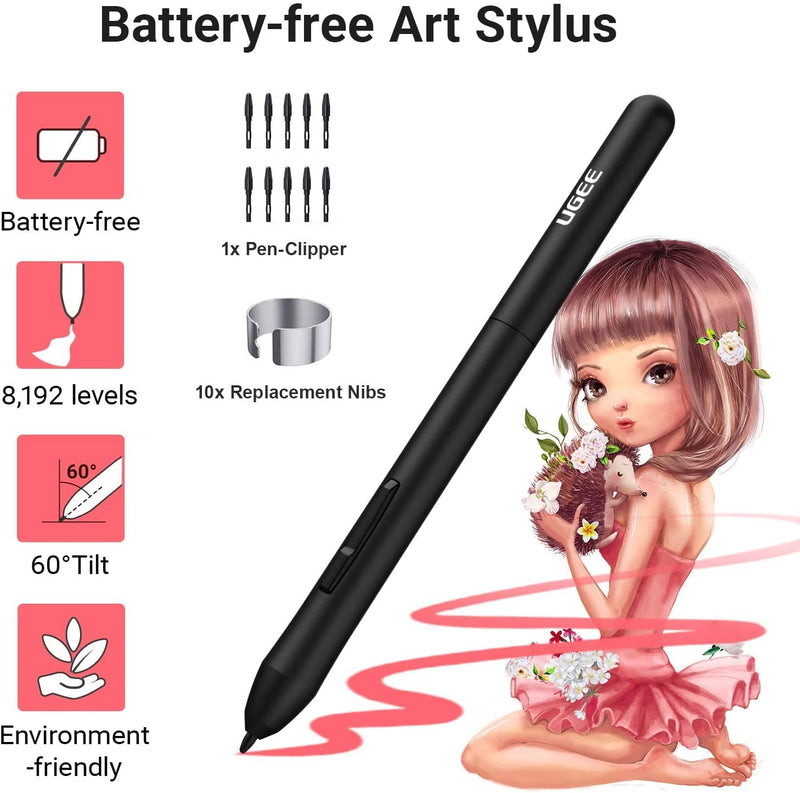 Graphics Drawing Tablet, UGEE S640 Digital Drawing Pad with 10 Hot Keys, 6.5x4 inch Pen Tablet with 8192 Levels Battery-Free Stylus Support Android/Windows/Mac OS/Chrome OS/Linux S640-Black-B black