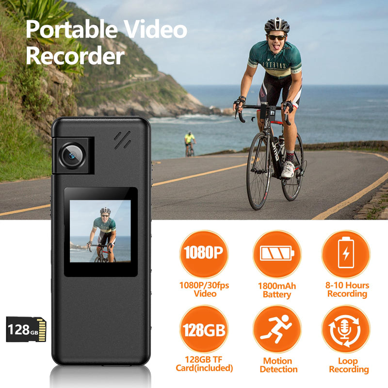 A32 128GB Body Camera, Portable Body Cam with 180° Rotatable Lens and Motion Detection, 1080P Camcorder with Audio and Video Recording for Outdoors Sports Police Delivery Cycling Helmet