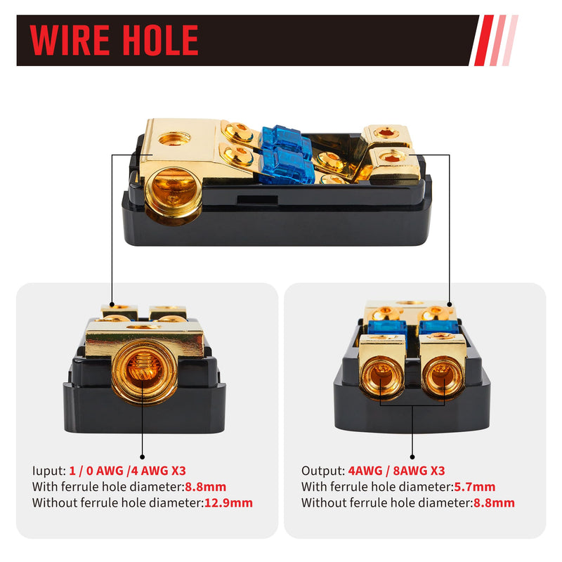 RED WOLF 2 Way & 4 Way Fuse Holder 60A, 0/2/4 Gauge In 4/8 Gauge Out Copper Fuse Distribution Block for Car Boat Trolling Motor Marine Audio Amplifier Stereo Video System 12V