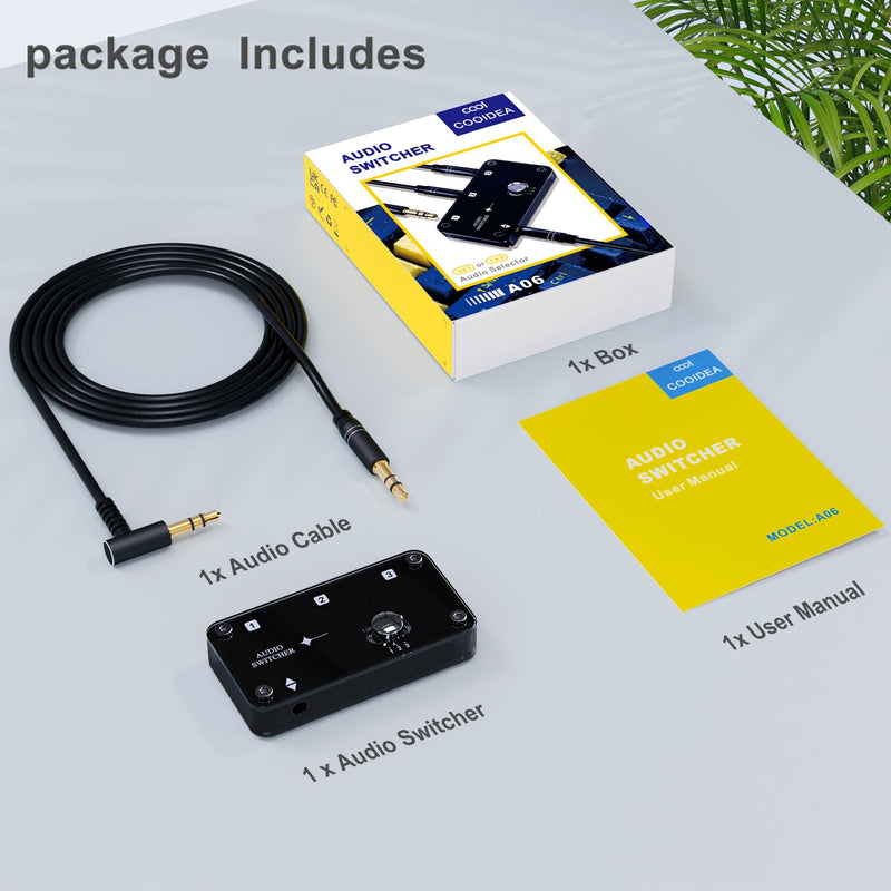 COOIDEA 3.5mm Stereo Audio Switcher Support 1 in 3 Out or 3 in 1 Out with 3.5mm Audio Cable, 3 Ports AUX Audio Speaker Selector for PC Phone Laptop Headphone
