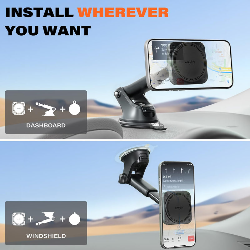APPS2Car Magnetic Car Mount for MagSafe, Dashboard and Windshield Holder | With Telescopic Arm, Magnetic Phone Holder for Your Car, Designed for iPhone MagSafe Case Dark Black
