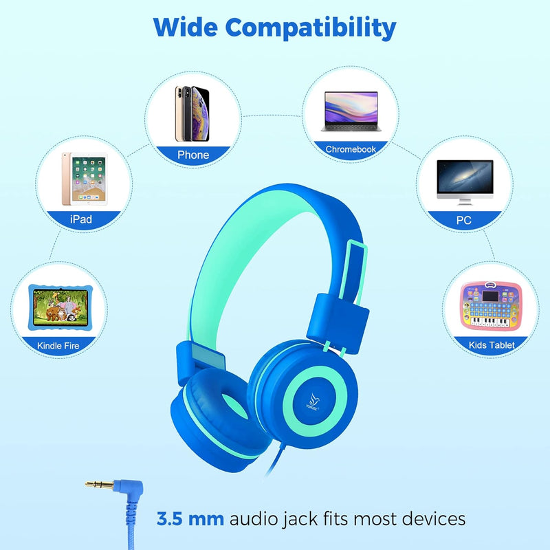 [AUSTRALIA] - Kids Headphones - noot products K11 Foldable Stereo Tangle-Free 3.5mm Jack Wired Cord On-Ear Headset for Children/Teens/Boys/Girls/Smartphones/School/Kindle/Airplane Travel/Plane/Tablet (Navy/Teal) Navy/Teal 