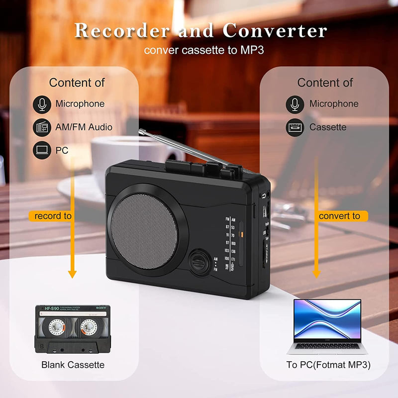 Cassette Player Recorder, Portable Retro Tape Player Audio Recording, AM/FM Radio, Tape to MP3 Converter, Built-in External Speaker,Suitable for Leisure Sports,Entertainment,Everyday Recording(Black) Black