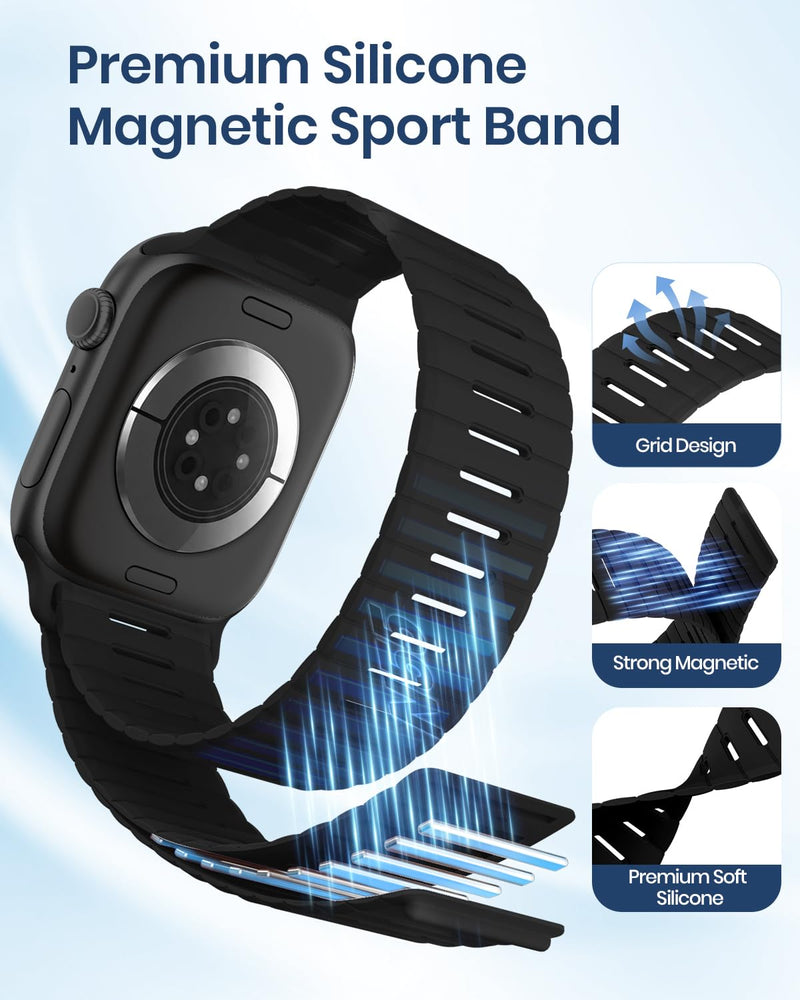 Magnetic Sport Bands Compatible with Apple Watch Bands for Men Women | Silicone Wristband 49mm 46mm 45mm 40mm 44mm 38mm 41mm 42mm, Replacement for iWatch Ultra Series 11 10 9 8 7 6 5 4 3 2 1 SE Black 44mm/45mm/46mm/49mm/(42mm-series 3 2 1)