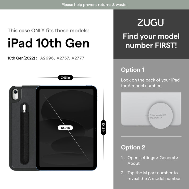 ZUGU CASE for iPad 10.9 Inch 10th Gen (2022) Slim Protective Case - Magnetic Stand & Sleep/Wake Cover (Model #s A2696, A2757, A2777) - Stealth Black