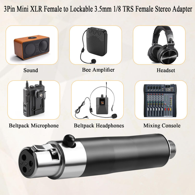 QIANRENON Mini XLR to TRS 3.5mm Wireless Microphone Connector 3Pin Mini XLR Female to Locking TRS 3.5mm Female Headphone Stereo Adapter Mini XLR to Locked 1/8 Balanced Audio Socket, for Lavalier Mic F-F