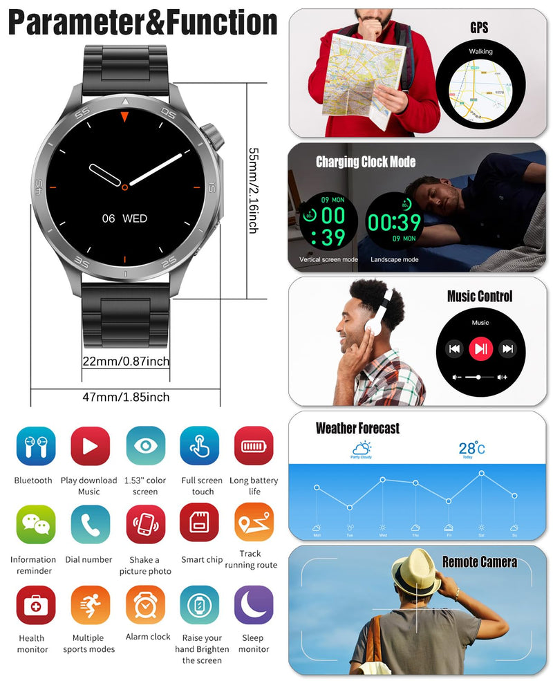 Smart Watch for Men, GPS Sports Mens Smartwatch, 1.53" HD Screen IP67 Waterproof, Answer/Make Call, Heart Rate Monitor, Sleep Tracking, Fitness Tracker, Compatible for Android iOS (Black X2Max)