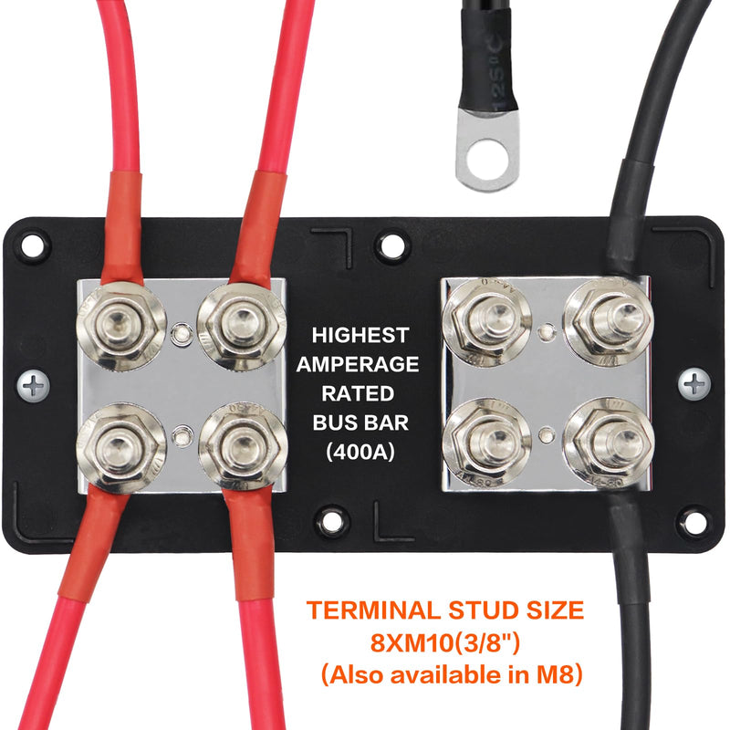 Heavy Duty 400A 12-48V Tin-Plated Copper Block Bus Bar 8xM10(3/8") Studs Independent Modular Positive Negative Ground Battery Junction Block Buss Bar for Solar System Marine Truck Boat 400A B&R