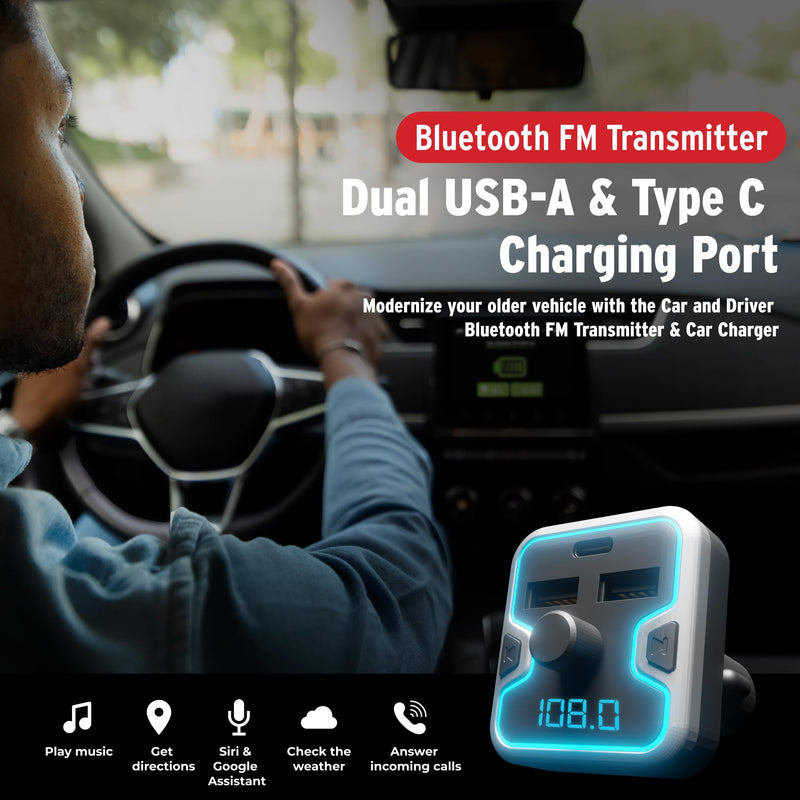 Car and Driver Bluetooth 5.0 FM Transmitter Car Charger, USB-C PD Fast Charging Adapter, Dual USB Car Lighter Plug with Hands Free Calls, Music Streaming for iPhone Android Alexa Siri Google