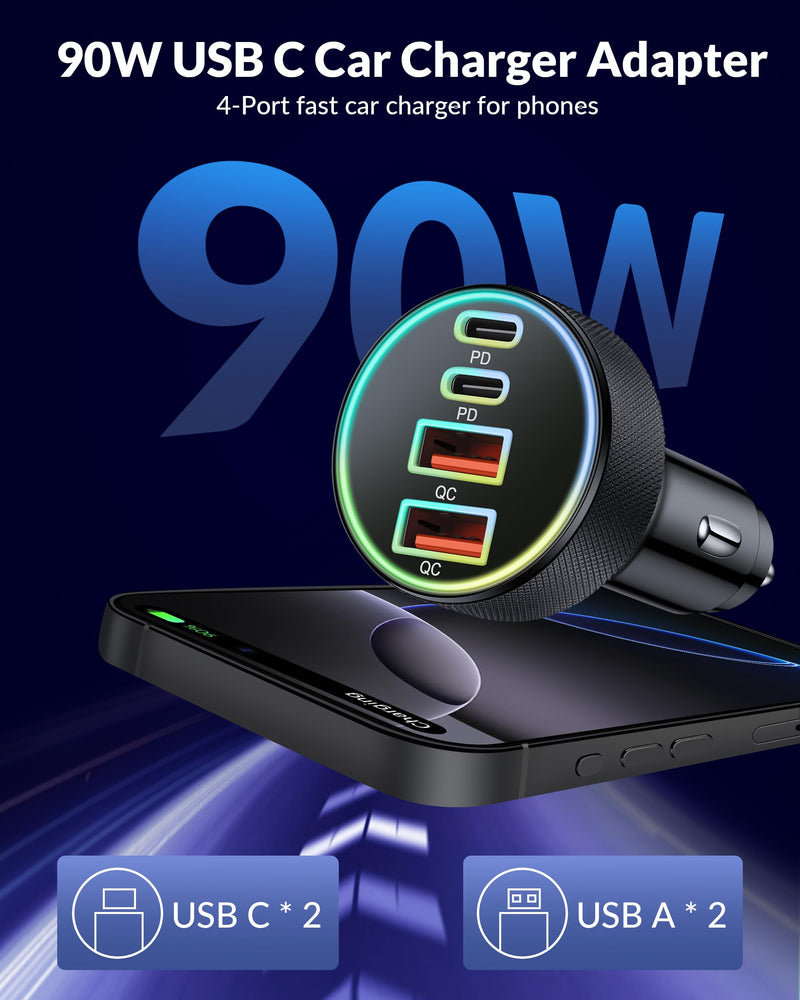 USB C Car Charger, 4-Port 90W Dual USB-C & USB-A Car Charger Adapter PD/QC Multi Port Fast Charging Cigarette Lighter for iPhone 16 15 14 13 12 11 Pro Max, iPad, Samsung S24 S23 S22, Pixel, Android
