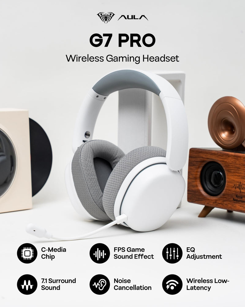 EPOMAKER X Aula G7 Pro Wireless Gaming Headset, Dual Mode BT5.3 & 2.4GHz, 7.1 Surround Sound, 80+ Hour Battery, RGB Light, with Noise Canceling Mic for PS5, PS4, Switch, PC (White) White