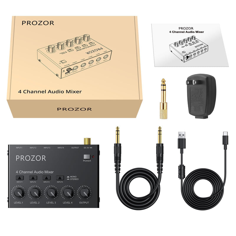 [AUSTRALIA] - PROZOR Mini Audio Mixer 4 Channel Line Mixer - USB-C Powered Sub Mixer with Volume Control & Stereo Mono Switch, Compact Low Noise Audio Mixer for Guitar, Bass, Keyboard, Recording, Streaming 