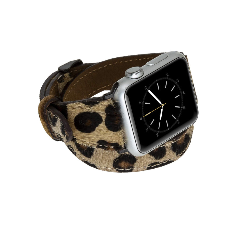Venito Serena Slim Double Wrap Leather Watch Band Compatible with Apple Watch iwatch Series 1, 2, 3, 4, 5, 6, 7, SE (Furry Leopard w/Black Stainless Steel Hardware, 38mm-40mm)