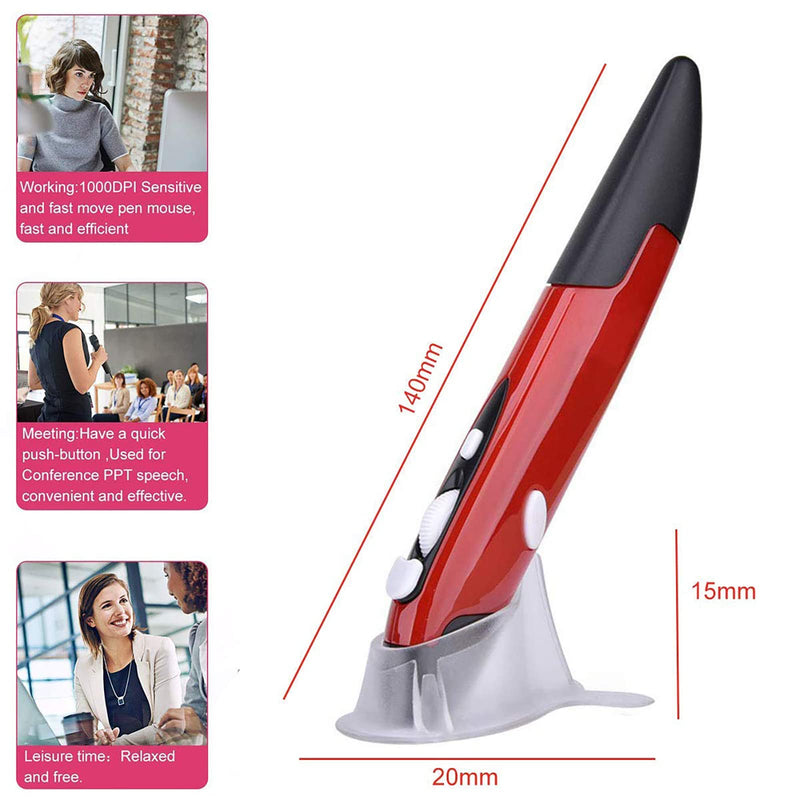 Wireless Optical Pocket Pen Mouse, Lychee 2.4GHZ USB Wireless Optical Pen Mouse 800/1200/1600 DPI Adjustable Handwriting Mini Air Mouse Mice for PC Laptop Notebook Computer Mac (Red) Red