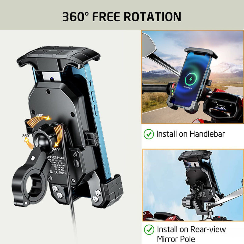 iMESTOU Motorcycle Wireless Phone Mount Charger -Motorcycle USB C 3.0 Phone Holder Qi 15W by Wiring/Plugging to USB A Socket Aluminium Handlebar Base Waterproof for 4-7" Cellphones