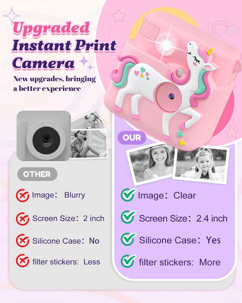 Kids Camera Instant Print, 1080P Cameras for Kids Girls Toys Age 6-8, Christmas Birthday Gift for 7 8 9 10 Year Old Girls, Kids Toys for Girls Age 3-12 with 3 Rolls Paper and a 32G Card-Pink Pink