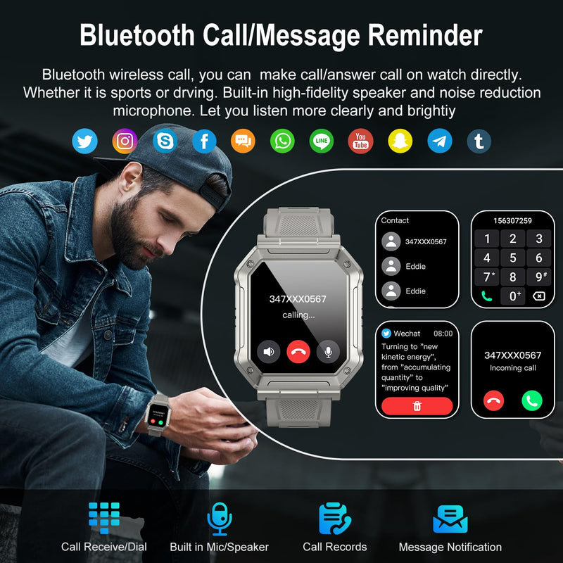 Smart Watch for Men Fitness Tracker: Military Smart Watches for Men Digital Mens Watches Make/Answer Call Running Waterproof Smartwatch Android Phones iPhone Samsung Compatible Heart Rate Monitor Grey