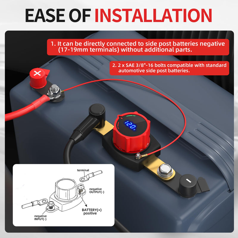 [AUSTRALIA] - Joinfworld Side Post Battery Disconnect Switch 12V-48V with Led Voltmeter Display, DC 5-60V Battery Kill Switch Waterproof Marine Battery Cut Off Switch 12 Volt for Car RV Boat ATV UTV Vehicles On-Off Side Post with Voltmeter 300A 