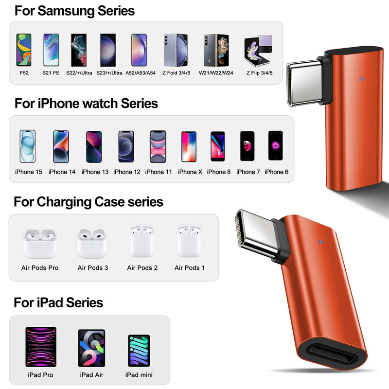xiwxi 2Pack 90 Degree Lightning to USB C Charger Converter for iPhone 15/15Pro/15 Pro Max Plus,Samsung S24 S23,iPad Air,27W PD Fast Charging&Data Transfer,Type C Devices,Not Audio/OTG/PS/2 Cables Orange