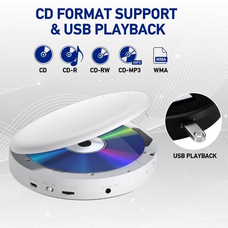 CD Player Portable, Rechargeable Portable CD Player with Dual Speakers and Anti Skip,CD,Dual Bluetooth,FM Transmission,USB,AUX,LCD Display,Sensitive Button,Repeat,10 Speeds for Home Car White