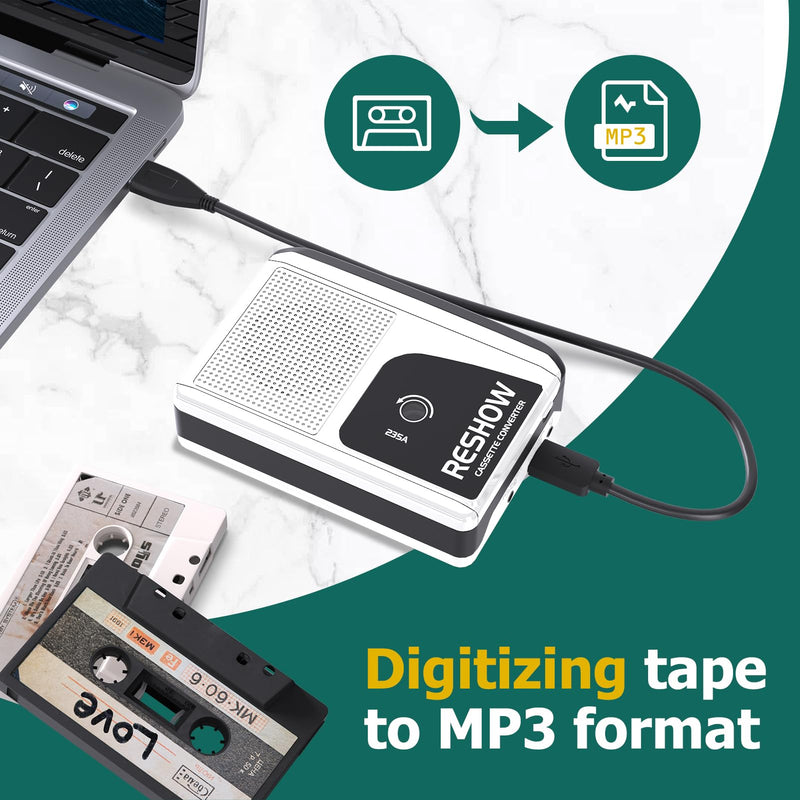 Reshow Portable Cassette Player with Built-in Speaker and Headphone Jack, USB C Cassette to MP3 Converter, Reverse Recording to Tape, Walkman Cassette Recorder, Full Stereo Sound-White White