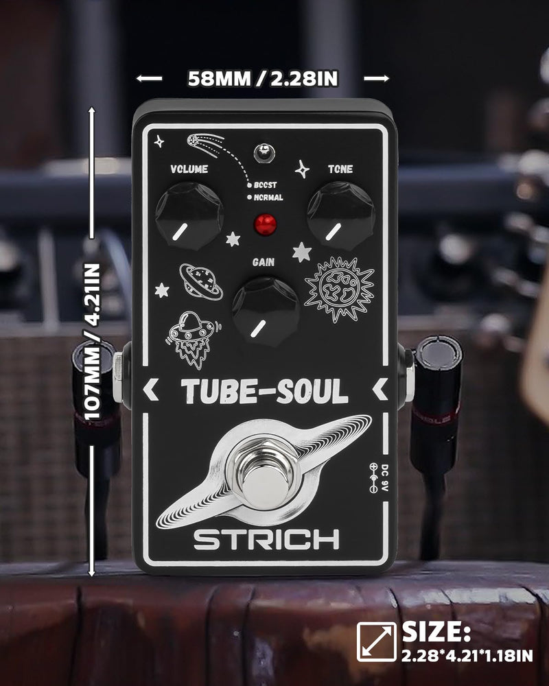 STRICH TUBE SOUL Tube Overdrive Distortion Pedal for Electric Guitar, Compact Mini Single Unit, True Bypass, 3 Control Knobs, Volume, Tone, Gain, Dual Modes, Boost, Normal, 9V DC, Black and White Black and White Overdrive Distortion