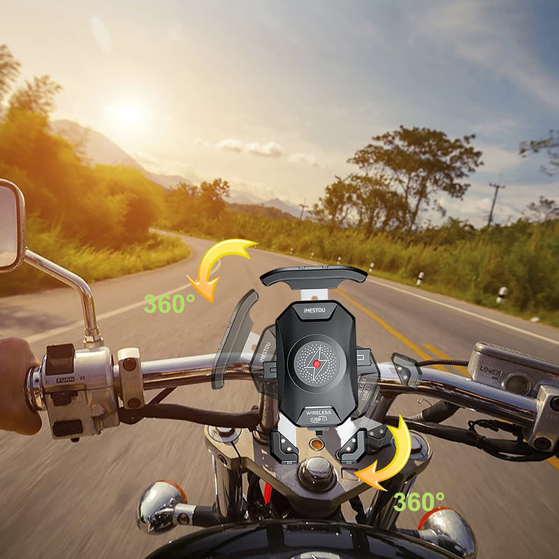 iMESTOU Anti-Theft Motorcycle Wireless Phone Mount Charger 15W & USB C 3A Handlebar 1" Ball Phone Holder Works with 12V/24V Vehicle/USB A Socket 720 Rotation Quick Charge for 4.0-7.0" Cellphones Double Socket Arm-Wireless & USB C Charge