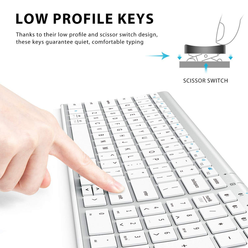 iClever BK10 Bluetooth Keyboard, Multi Device Keyboard Rechargeable Bluetooth 5.1 with Number Pad Ergonomic Design Full Size Stable Connection Keyboard for iPad, iPhone, Mac, iOS, Android, Windows silver