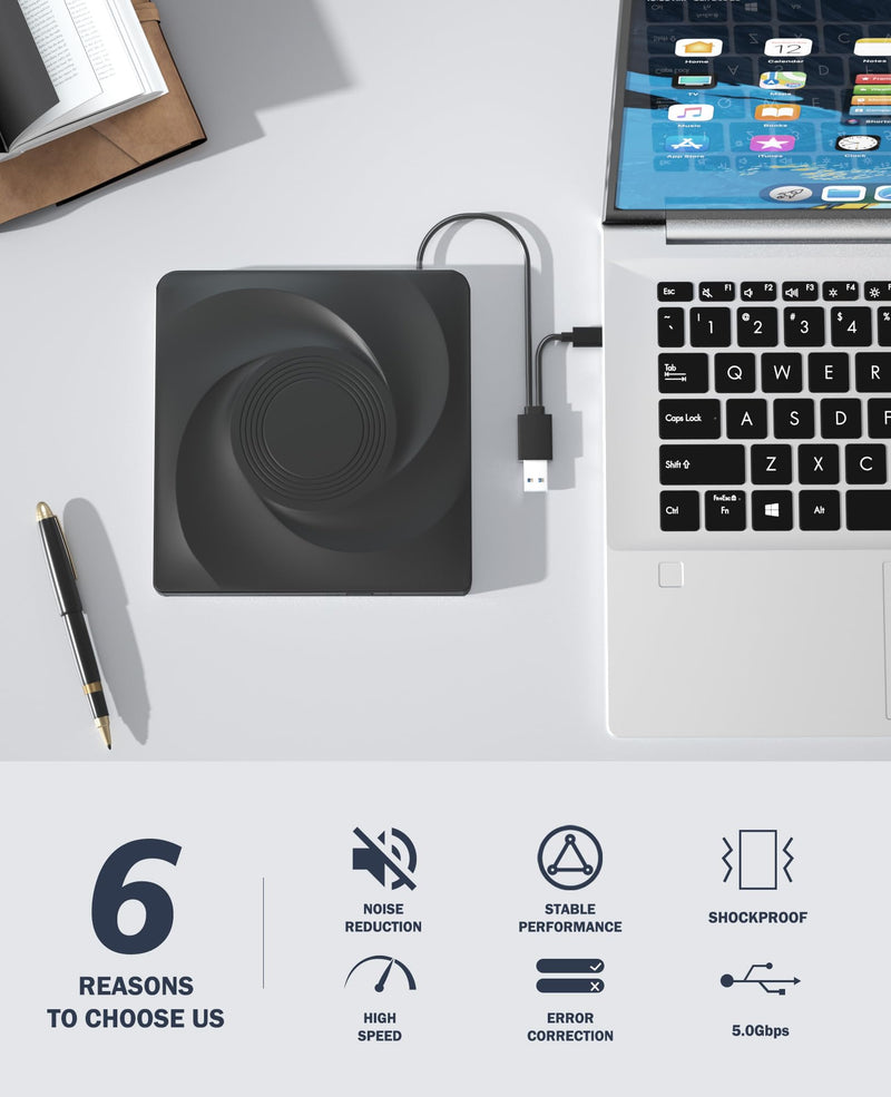 Wbacon External CD/DVD Drive, Portable USB 3.0 Disk Drive for Laptop | External DVD Drive, DVD Player CD Reader for Laptop, CD Burner Compatible with PC Windows 11/10//7 Linux Mac OS (Black & Bag) Black + Bag