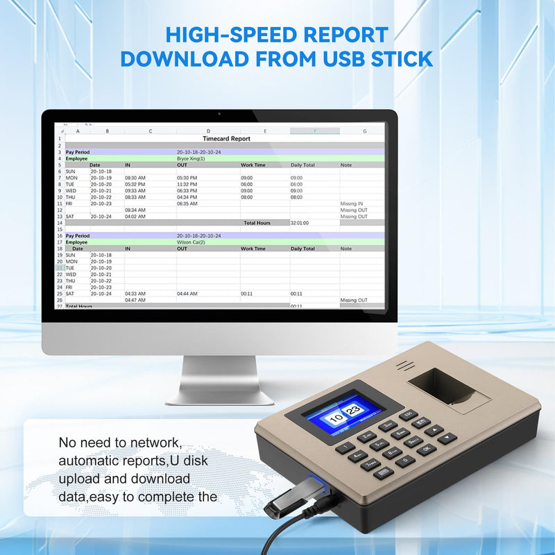 Time Tracking for Small Businesses, Multilingual, with Fingerprint & Pin Input, 1000 Fingerprint & 1000 ID, Employee Time Tracking Device, Working Time Tracking for Small Businesses