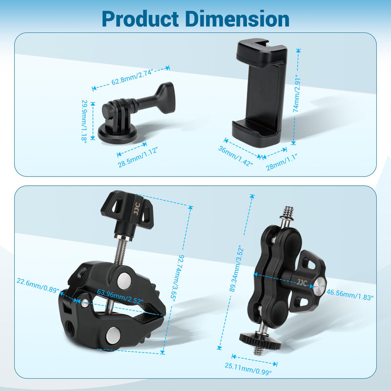 JJC Super Camera Clamp Mount Kit with 1/4'' Ballhead for DSLR DJI Osmo Gopro Hero Insta360 Action Camera Smartphone on Desk Motorcycle Bicycle Bracket Handrail Trolley Cross Bar Flag Vlog Video Record Clamp Kit