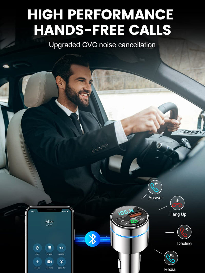 FM Transmitter for Car Bluetooth 5.3, [All-Metal] PD 30W & QC3.0 18W Fast Car Charger, Wireless FM Radio Car Kit Bluetooth Car Adapter, Noise Cancelling Hands-Free Call, Blue Light - Silver