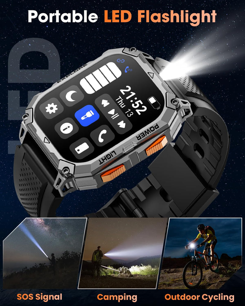 Military Smart Watches for Men, 2.01" HD Smartwatch with 1000 mAh Battery/2 Straps/Answer/Make Call/Led Flashlight/Heart Rate/Sleep Monitor, 100+ Sport Modes Fitness Tracker for Android/iPhone