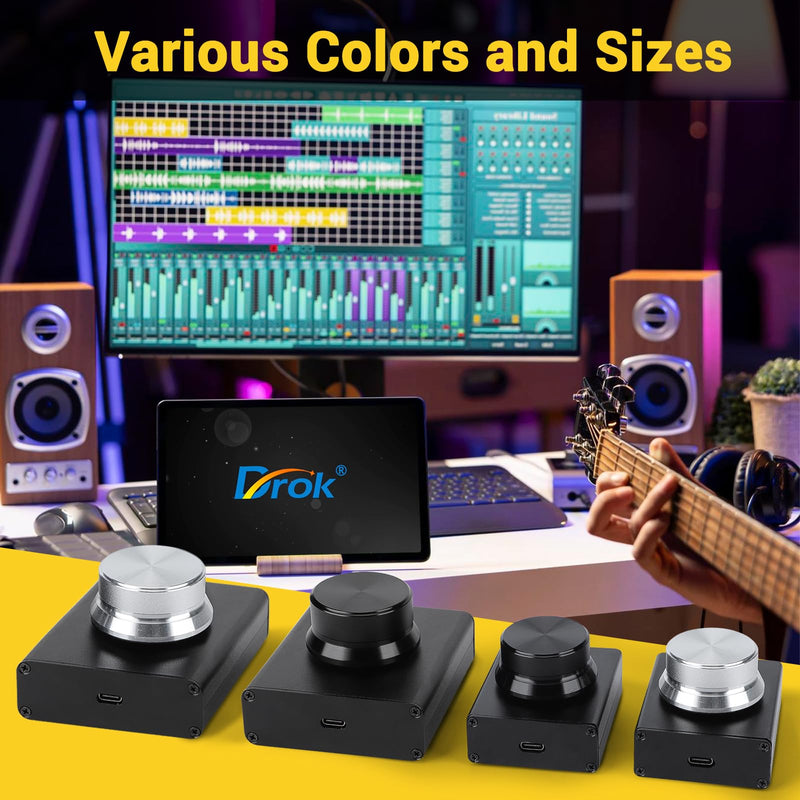 DROK USB Volume Knob, Big PC Computer Speaker Volume Control Audio External USB Volume Control Knob with 1-Key Mute Function Support Win7 8 10 XP Mac Vista Android, Black Large/Programmable