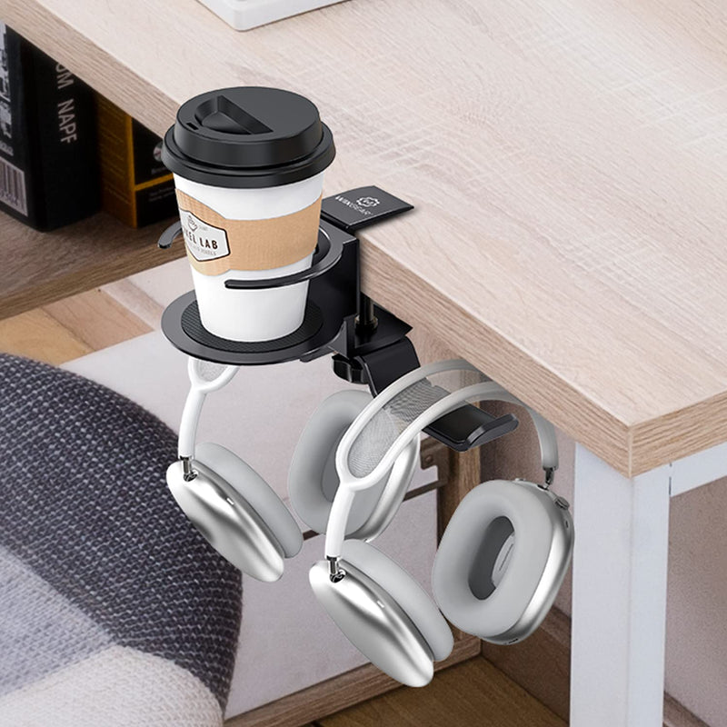 WixGear Headphone Stand, 2 in 1 PC Gaming Headset Stand Cup Holder, with Cable Organizer, 360° Adjustable & Rotating Arm Clamp Headphone Holder, Suitable for All Headphones and Drinks