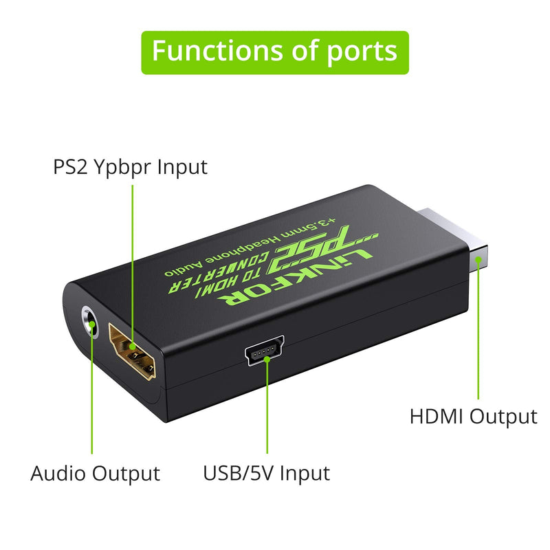 LiNKFOR PS2 to HDMI Converter with 3ft HDMI Cable for Sony Playstation 2 PS2 to HDMI Adapter with 3.5mm Headphone Audio Jack for HDTV HDMI Monitor