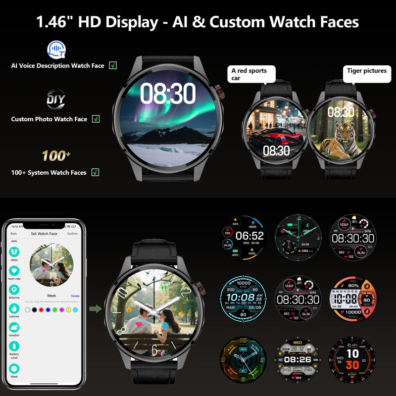Smart Watch, GPS & Free Maps, AI, Bluetooth Call & Text, Health, Sleep & Fitness Tracker, 100+ Sport Modes, Waterproof, Long Battery Life, Waterproof, Compass, Barometer, 2 Bands Smartwatch for Men Black with GPS+Map