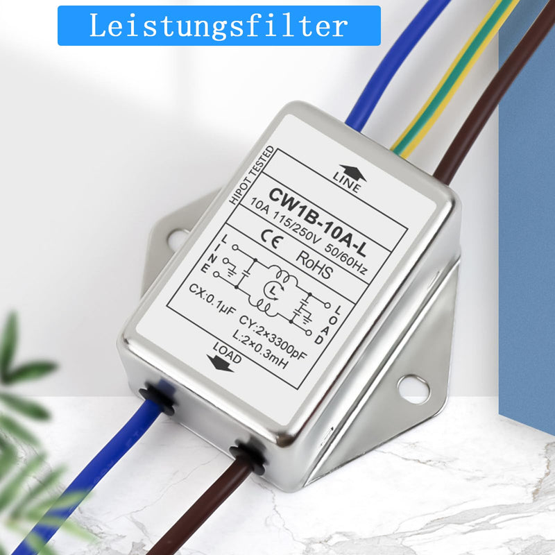 Pack of 2 EMI Filter, CW1B-10A-L(040) Single-Phase Filter, 250 V Electromagnetic Interference Filter, for Suppressing Continuous and Intermittent Pulse Interference