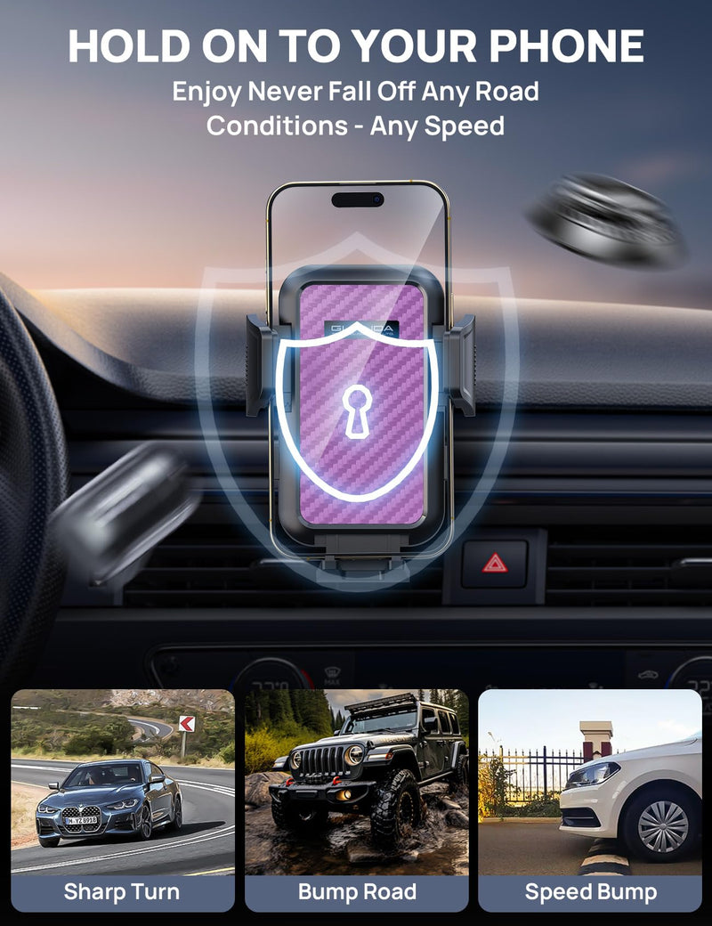 Air Vent Car Phone Holder, Anti-Vibration Grip, Wide Clamp, Metal Hook | Rotating smartphone cradle with one-press release and heat-resistant design; fits large phones with protective cases. Dash-Purple