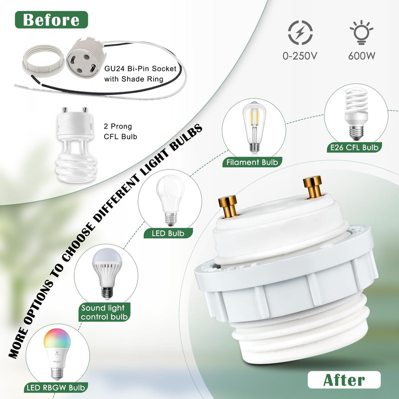 [AUSTRALIA] - GU24 to E26 Socket Adapter with Shade Ring, Bi-Pin Based GU24 to Standard Medium Screw-in Bulb Socket Adapter Converter, Pin Base Threaded Adapter (4) 4 
