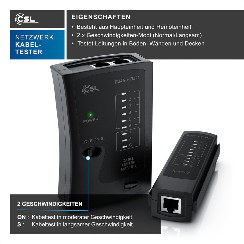 CSL - Network Tester - Network Cable Tester - for RJ45 and RJ11/12 (25)/14 Cable - Patch Cable Tester - LAN Network Cable Tester - 2 Speeds - Test LEDs for Precise Testing