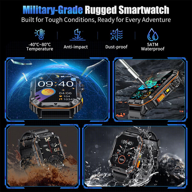 Military Smart Watch for Men, 2.01" Screen Watch with 1200mAh Battery | Bluetooth Calling, Built-in Flashlight, 5ATM Waterproof, and 110+ Sports Modes Compatible with Android and iPhone Black-WL-H01