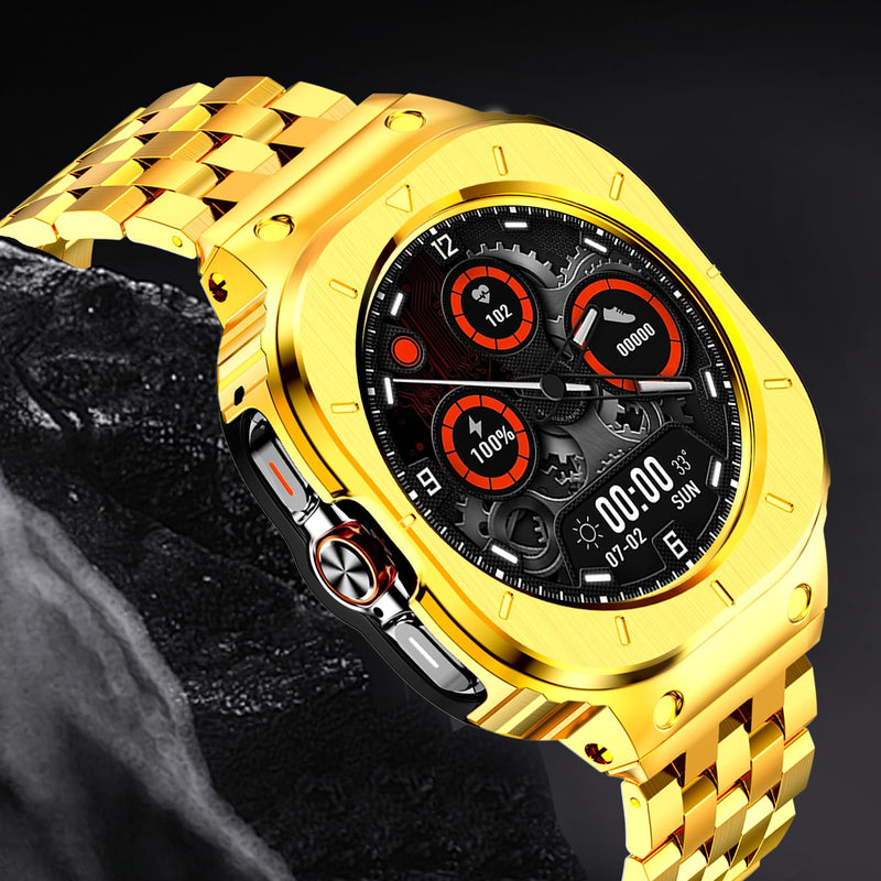 HASLFM Stainless Steel Case and Bands Compatible with Samsung Galaxy Watch 7 8 Ultra 47mm/ Galaxy Watch 5 pro 45mm/ Galaxy Watch 6/5/4 44mm, Rugged Metal Band Rugged Protector Cover for Men Gold-1 47mm(Galaxy Watch 7 8 Ultra)