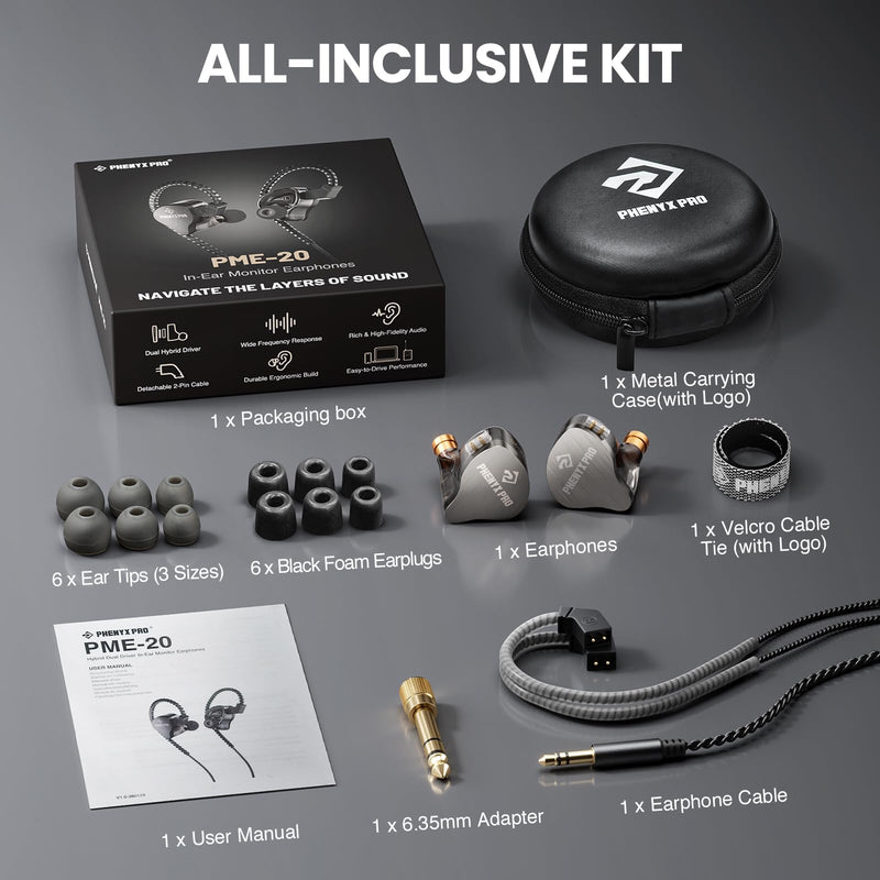 Phenyx Pro Hybrid Dual Driver in-Ear Monitor Earphones PME-20 | Noise-Isolating Stereo IEM, Detachable 2-Pin Cable, Tangle-Free Design, Singers, Musicians, Gaming