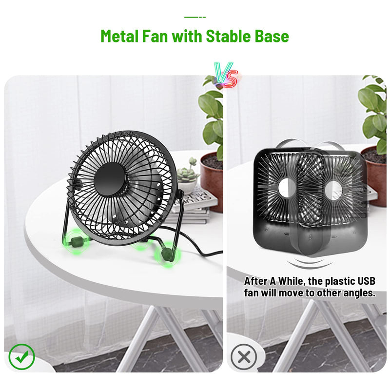 Small Desk Fan, 4 Inch USB Fan Powered by USB, 360° Rotation - Small Fans for Bedroom, Office, Table - Ultra-quiet Personal Cooling Fan with Metal Construction Black